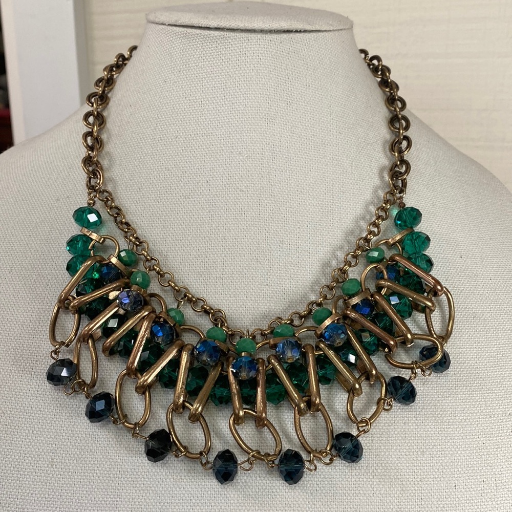 Large chunky blue and green faceted bead necklace